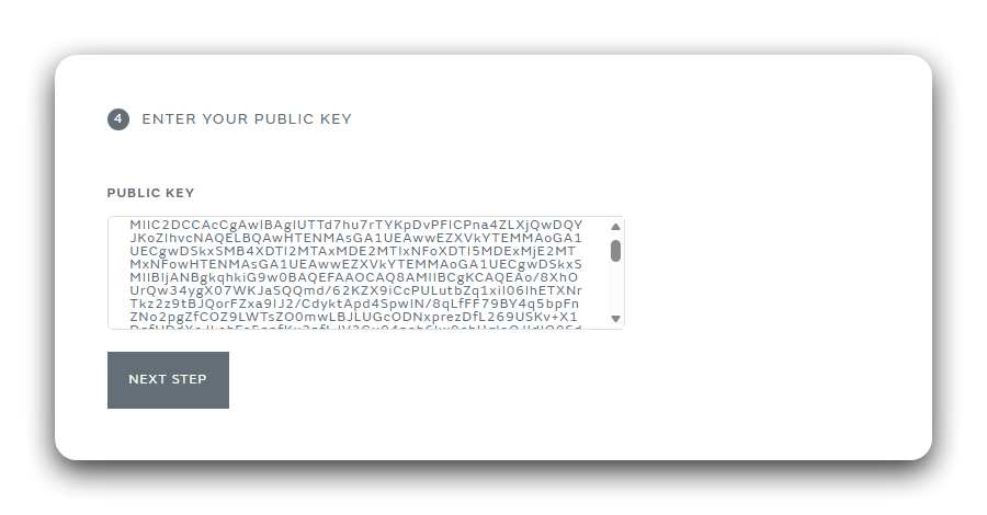 Upload public certificate screen