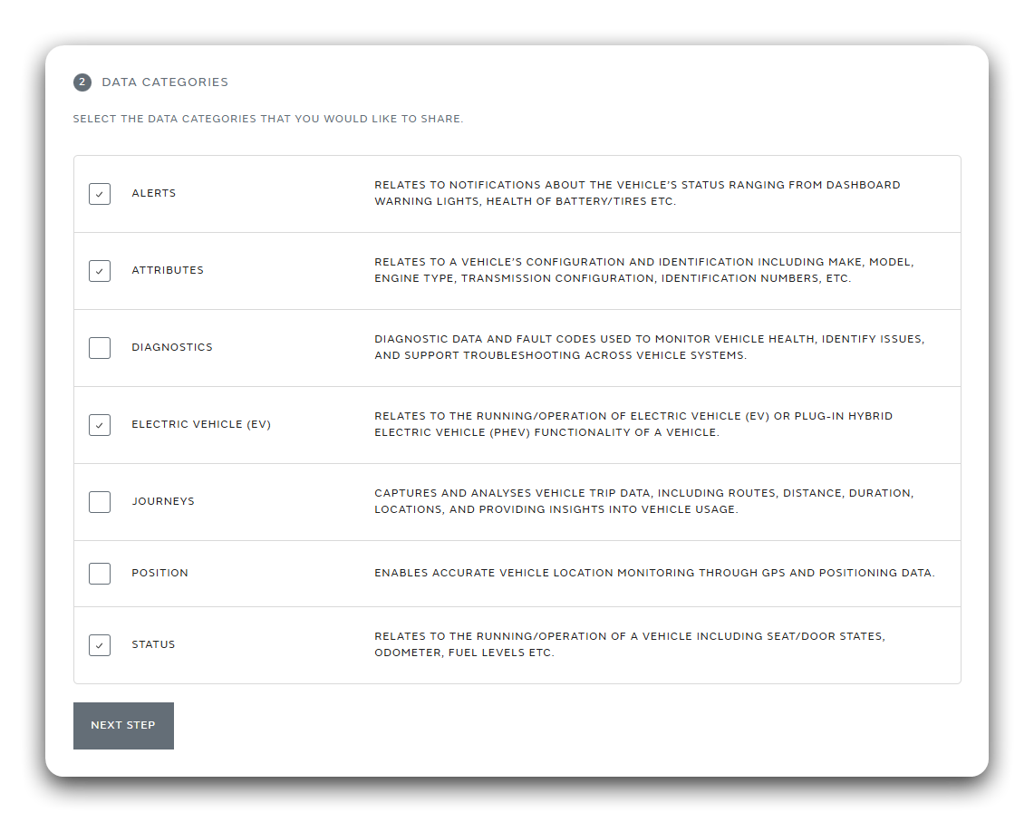 Select data categories screen